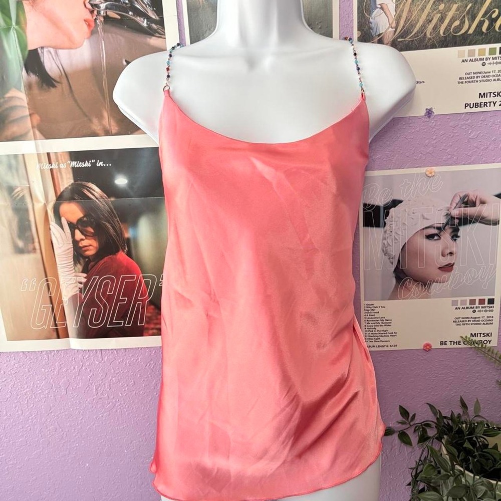 Nicole Miller New York Pink Satin Beaded Strap Cami Tank Top Size Large